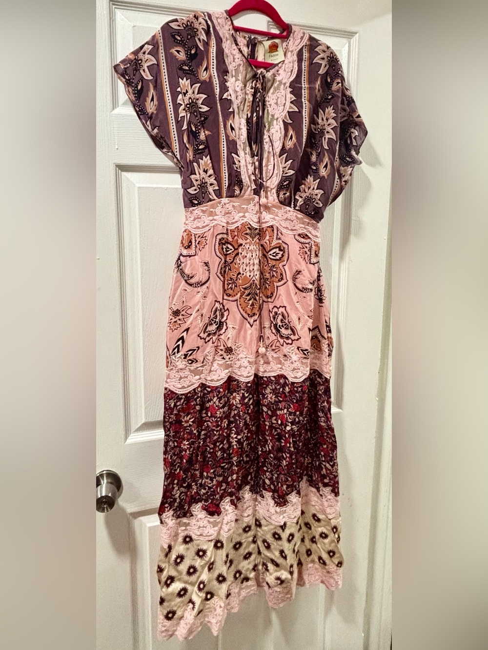 FARM Rio Mixed Paisley Tiered Lace-Trim Maxi Dress in Pink and Purple - Picture 1 of 7